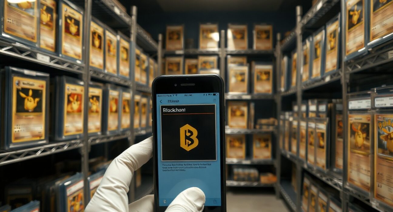 Vault with graded Pokemon cards and a smartphone showing a blockchain interface