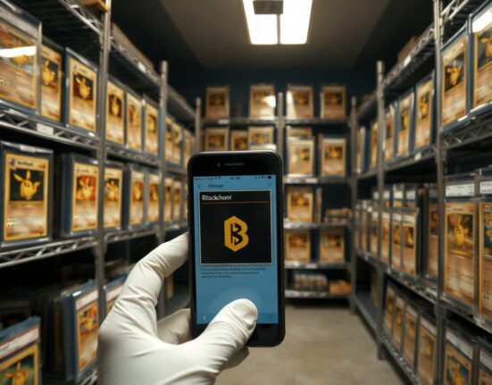 Vault with graded Pokemon cards and a smartphone showing a blockchain interface