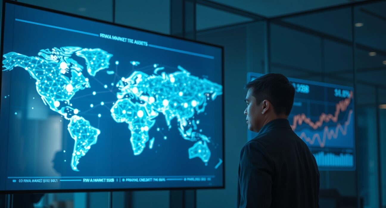 Financial analyst observing digital display showing tokenized RWA market growth data and global blockchain network map