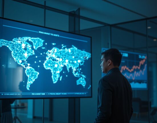 Financial analyst observing digital display showing tokenized RWA market growth data and global blockchain network map