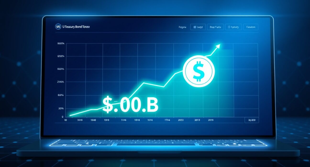 Tokenized RWA market growth chart with US Treasury token icon on blockchain dashboard