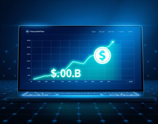 Tokenized RWA market growth chart with US Treasury token icon on blockchain dashboard