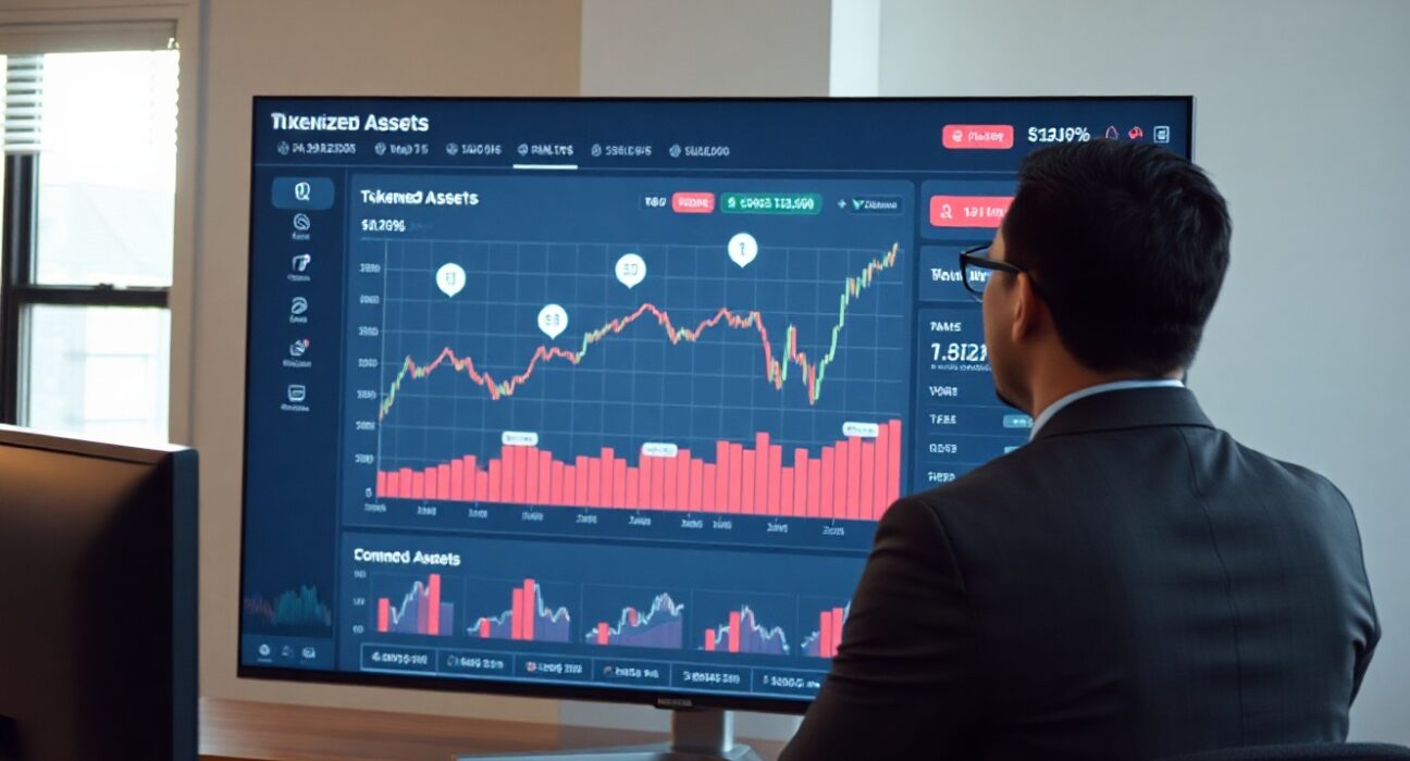 Digital dashboard showing tokenized real-world asset growth trends in a trading office