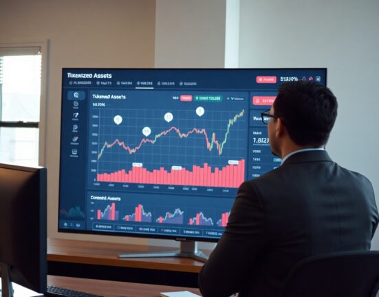 Digital dashboard showing tokenized real-world asset growth trends in a trading office
