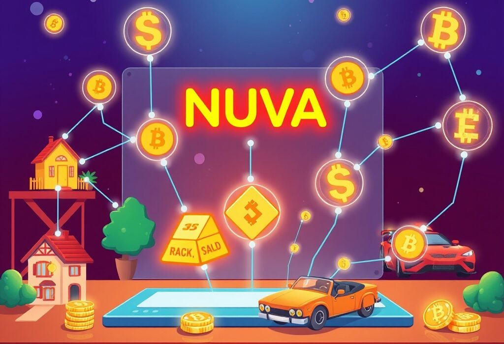 A vibrant cartoon illustration depicting the transformation of real-world assets into digital tokens on the Animoca Brands NUVA platform, symbolizing the unification of tokenized RWAs.