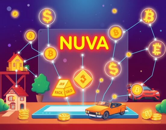 A vibrant cartoon illustration depicting the transformation of real-world assets into digital tokens on the Animoca Brands NUVA platform, symbolizing the unification of tokenized RWAs.
