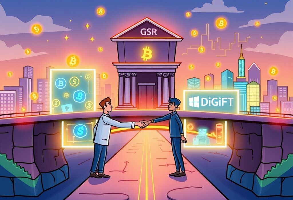 A cartoon illustration showing GSR and DigiFT bridging traditional finance and blockchain, highlighting the growth of tokenized RWAs for institutional investors.