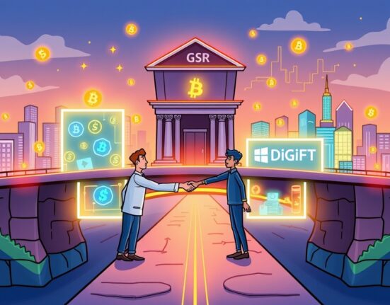 A cartoon illustration showing GSR and DigiFT bridging traditional finance and blockchain, highlighting the growth of tokenized RWAs for institutional investors.