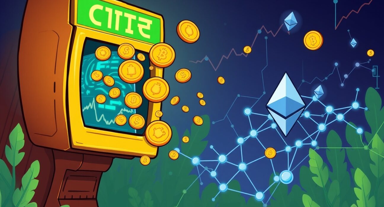 Cartoon illustration showing tokenized SBET shares transforming from traditional stock certificates into digital assets on the Ethereum blockchain.