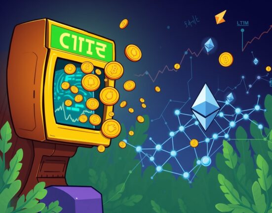 Cartoon illustration showing tokenized SBET shares transforming from traditional stock certificates into digital assets on the Ethereum blockchain.