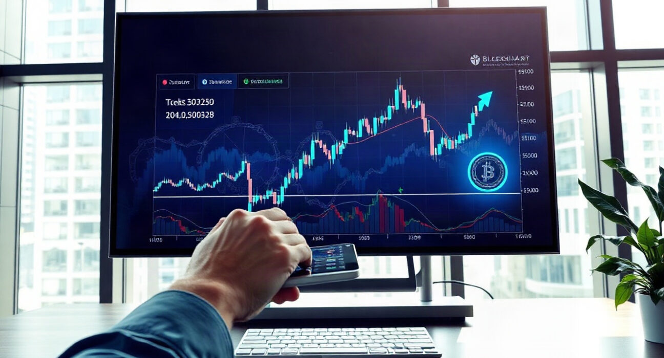 Digital display showing rising tokenized stock charts in a modern financial setting