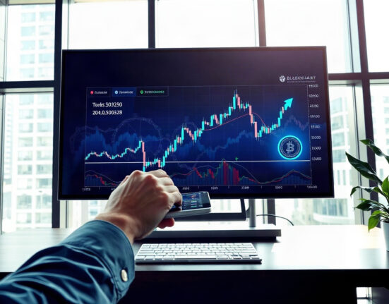Digital display showing rising tokenized stock charts in a modern financial setting