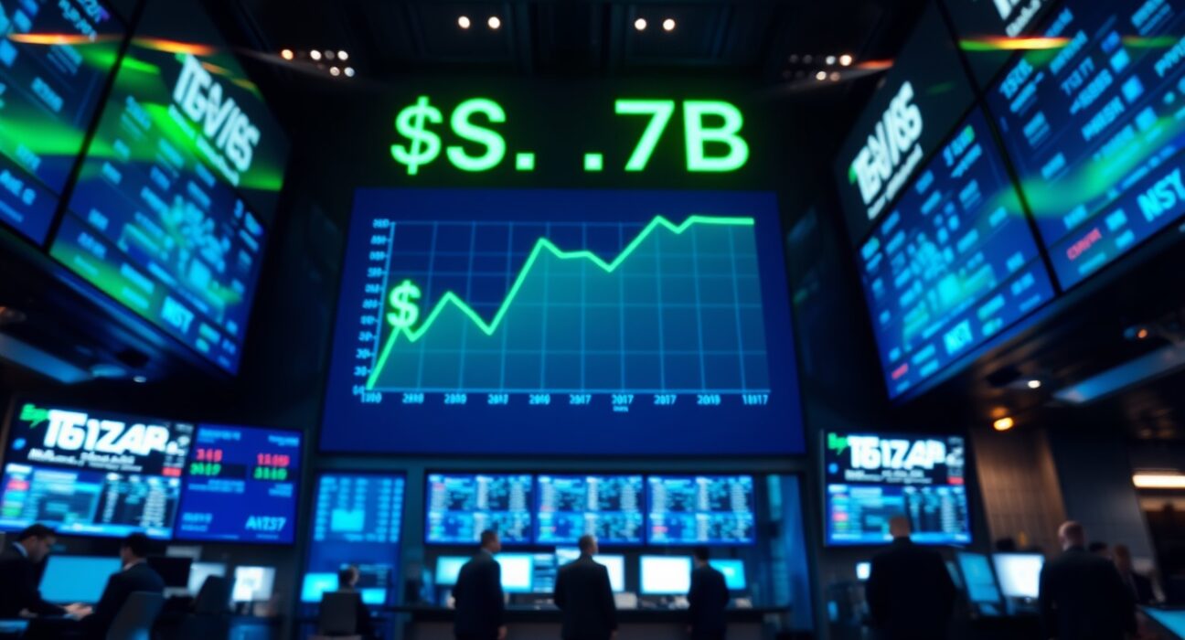 Digital stock market display board showing $1.7B market cap for tokenized stocks.