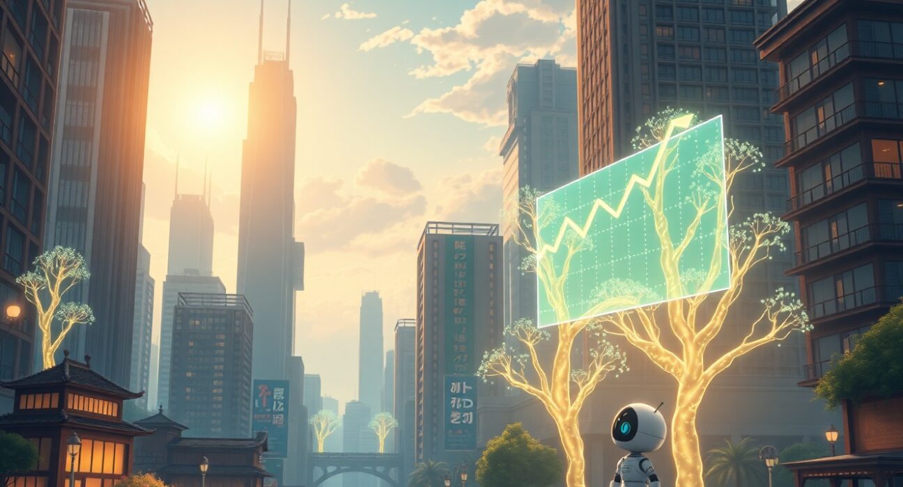 Tokenized stock market cap growth visualized as a harmonious blend of nature and digital finance.