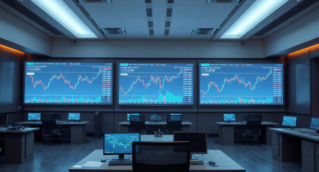 Digital screens showing stock market charts with blockchain network visuals in a modern trading floor