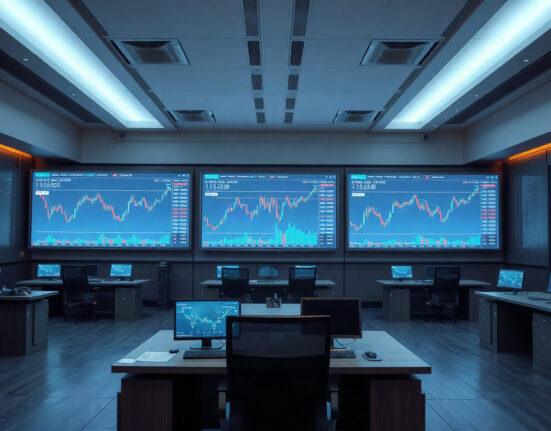Digital screens showing stock market charts with blockchain network visuals in a modern trading floor