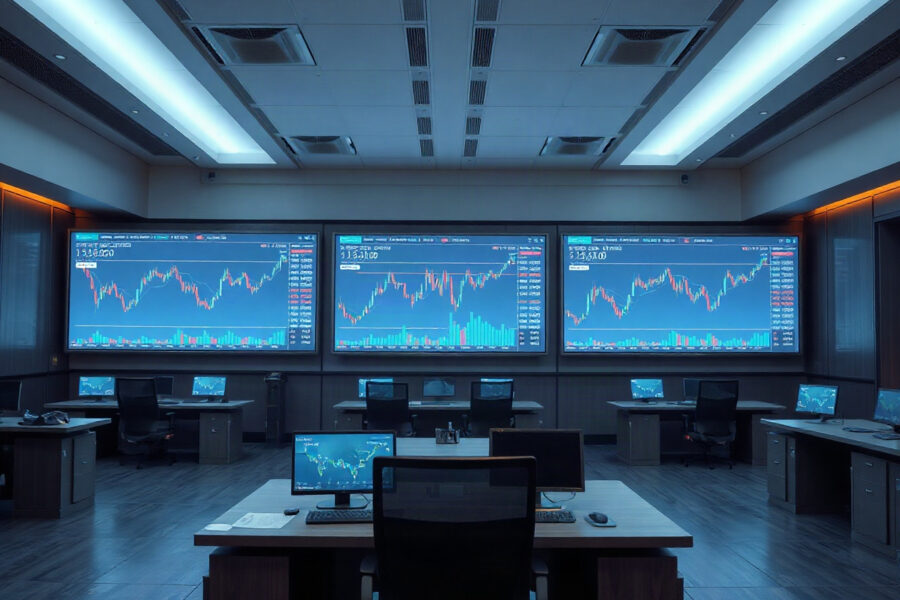 Digital screens showing stock market charts with blockchain network visuals in a modern trading floor