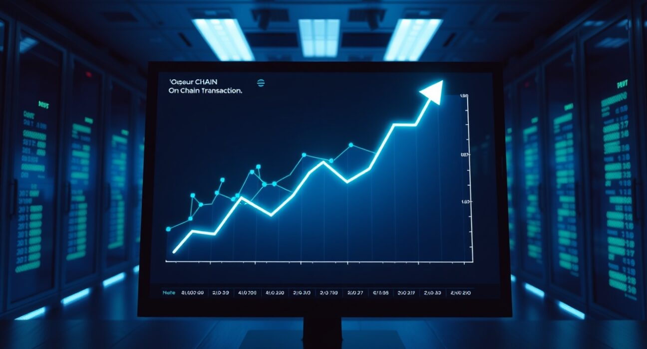 Digital trading dashboard with a surging on-chain transaction volume chart for tokenized stocks.