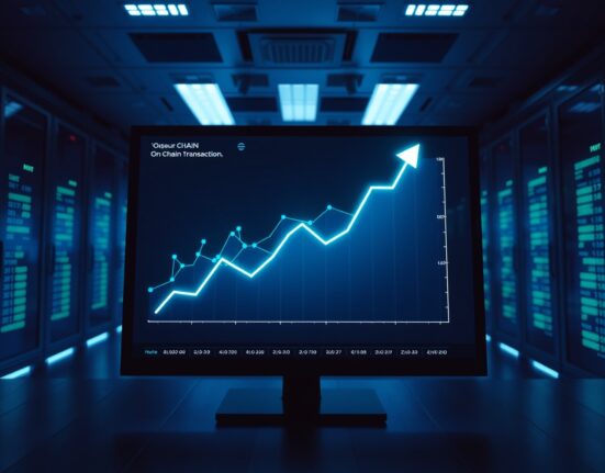 Digital trading dashboard with a surging on-chain transaction volume chart for tokenized stocks.