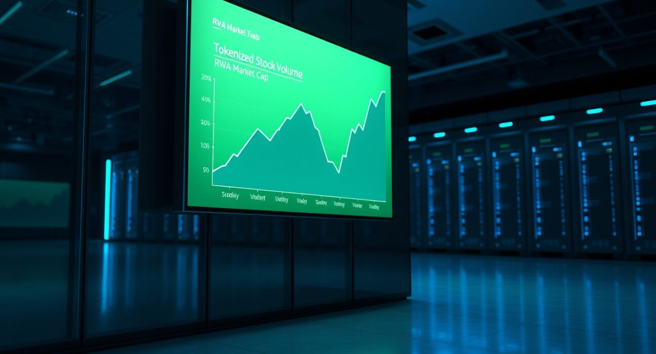Data center display showing a surging tokenized stock volume chart and a flat RWA market cap line.