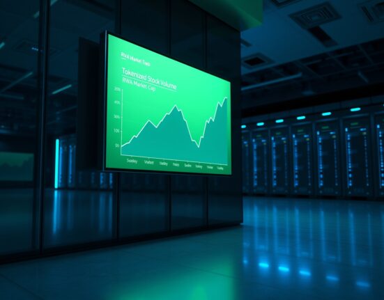 Data center display showing a surging tokenized stock volume chart and a flat RWA market cap line.