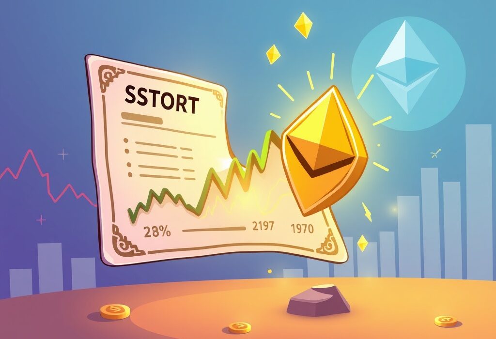 A cartoon illustration showing digital assets becoming tokenized stocks on the Ethereum network, symbolizing a financial revolution.
