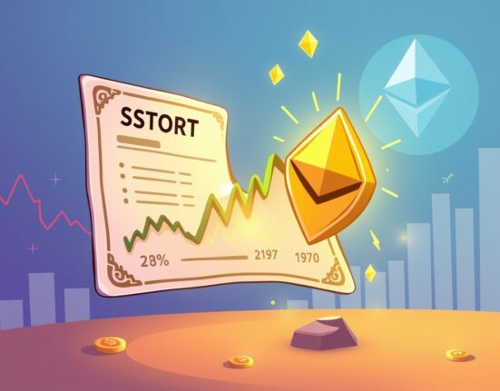 A cartoon illustration showing digital assets becoming tokenized stocks on the Ethereum network, symbolizing a financial revolution.