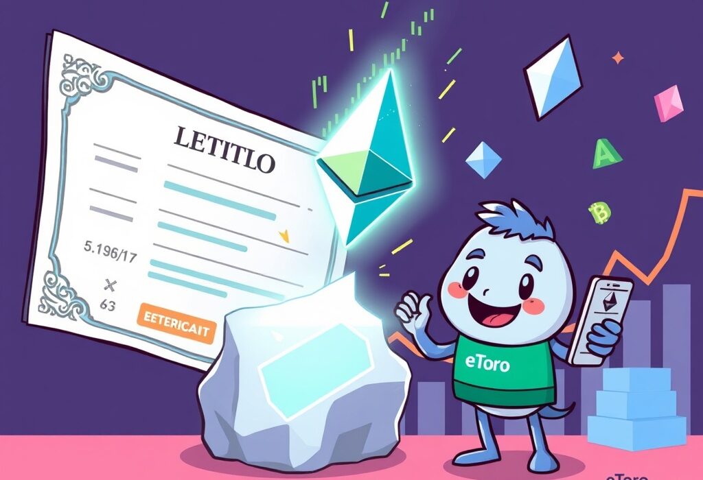 A cartoon image illustrating the innovative integration of tokenized stocks with the Ethereum blockchain by eToro, symbolizing financial evolution.