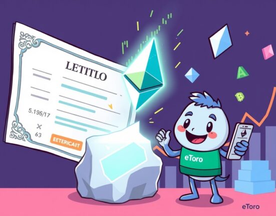 A cartoon image illustrating the innovative integration of tokenized stocks with the Ethereum blockchain by eToro, symbolizing financial evolution.