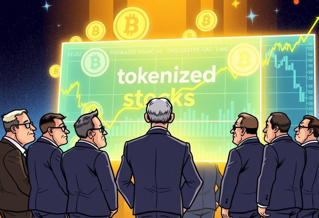 Cartoon illustration of global regulators scrutinizing digital screens displaying tokenized stocks, emphasizing the urgent need for oversight in the evolving market.