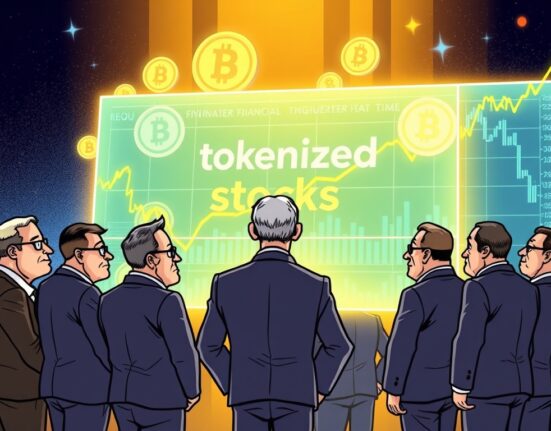 Cartoon illustration of global regulators scrutinizing digital screens displaying tokenized stocks, emphasizing the urgent need for oversight in the evolving market.
