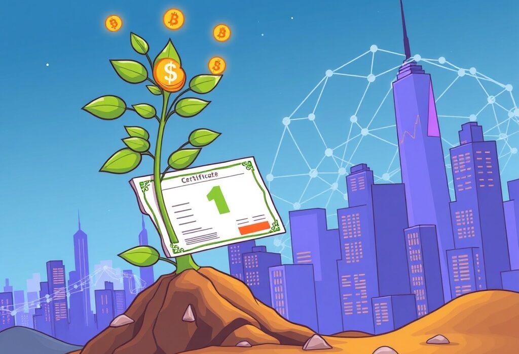 A cartoon illustration showing the vast potential of tokenized stocks, with digital assets growing towards a prosperous future.