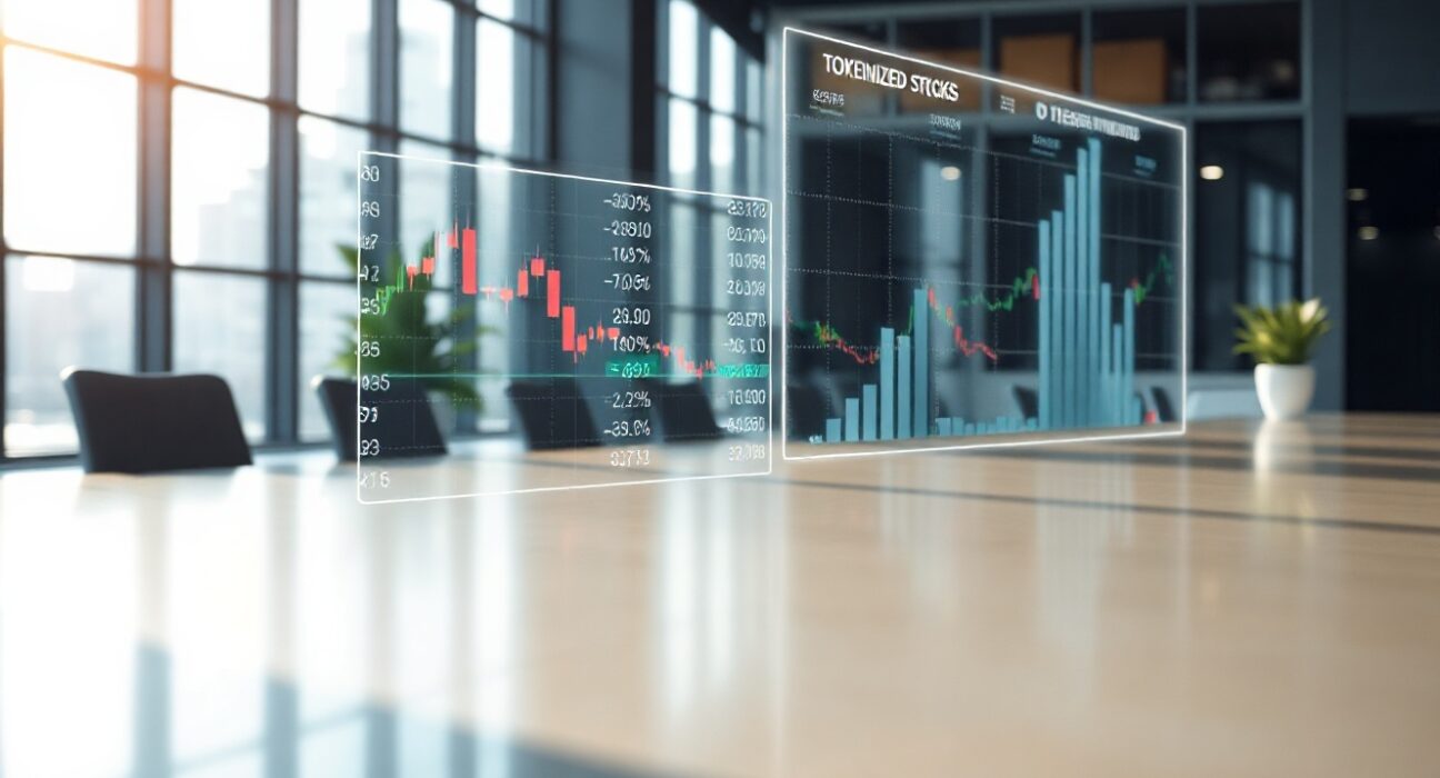 Digital display showing tokenized stock market data on a trading floor