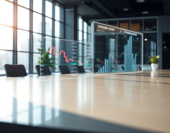 Digital display showing tokenized stock market data on a trading floor