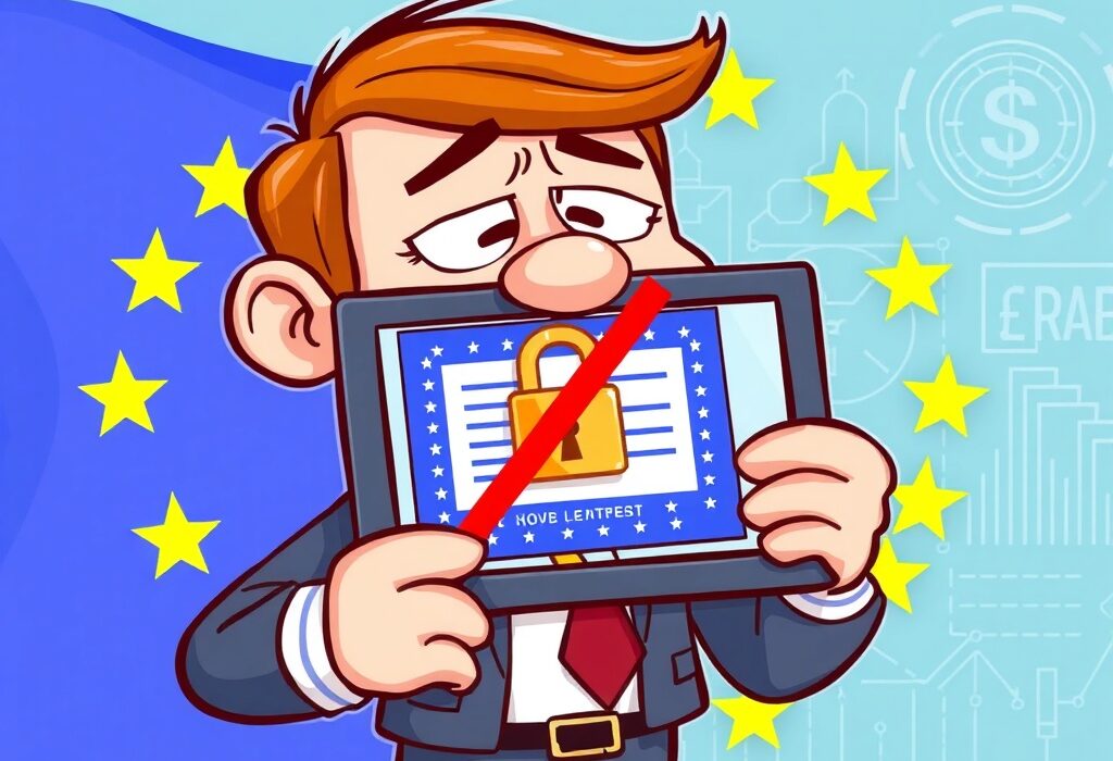 A cartoon investor looking concerned at a digital certificate, highlighting the risks of tokenized stocks and missing shareholder rights.