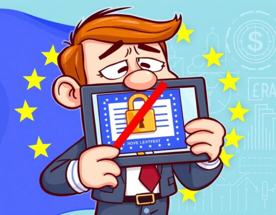 A cartoon investor looking concerned at a digital certificate, highlighting the risks of tokenized stocks and missing shareholder rights.