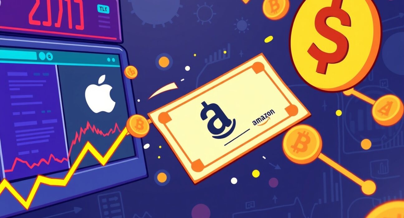 A cartoon illustration depicting tokenized stocks bridging traditional finance with decentralized finance (DeFi), symbolizing digital asset innovation.