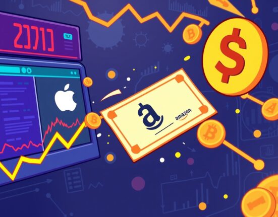 A cartoon illustration depicting tokenized stocks bridging traditional finance with decentralized finance (DeFi), symbolizing digital asset innovation.