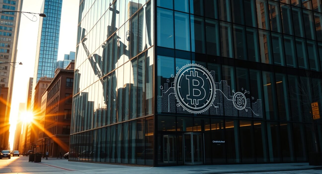 Modern glass office building in a financial district representing institutional finance and tokenized assets