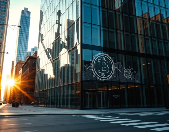 Modern glass office building in a financial district representing institutional finance and tokenized assets