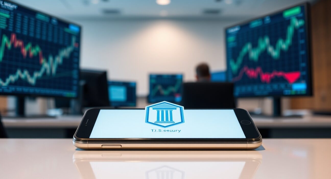 Digital representation of a U.S. Treasury bond on a smartphone screen in a financial office