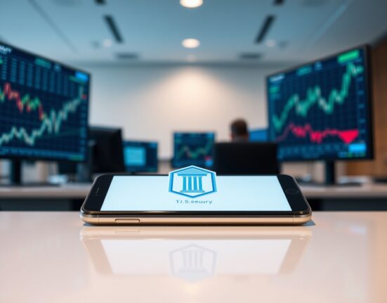 Digital representation of a U.S. Treasury bond on a smartphone screen in a financial office