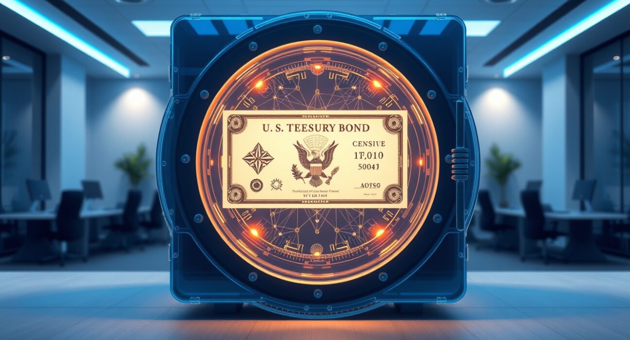 Digital representation of tokenized US Treasury bonds showing blockchain integration and financial innovation.