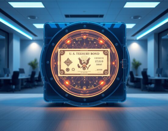 Digital representation of tokenized US Treasury bonds showing blockchain integration and financial innovation.
