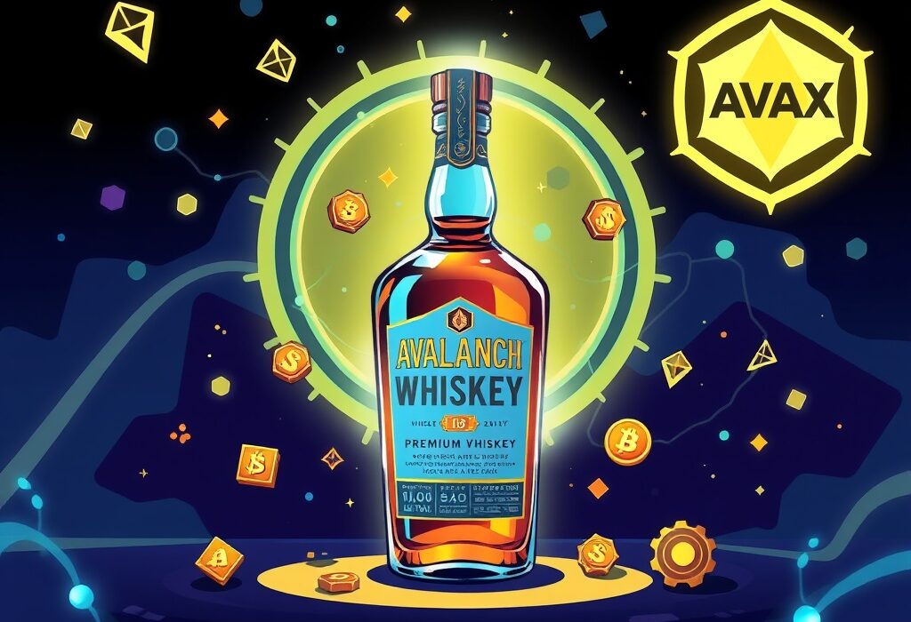 A vibrant cartoon image illustrating the concept of tokenized whiskey, showcasing a bottle infused with blockchain technology and NFTs on Avalanche.