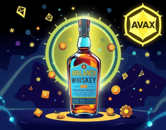 A vibrant cartoon image illustrating the concept of tokenized whiskey, showcasing a bottle infused with blockchain technology and NFTs on Avalanche.