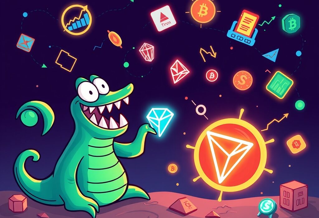 A cartoon illustration depicting Kraken's expansion of tokenized xStocks onto the Tron blockchain, symbolizing enhanced access to digital assets.