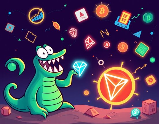 A cartoon illustration depicting Kraken's expansion of tokenized xStocks onto the Tron blockchain, symbolizing enhanced access to digital assets.