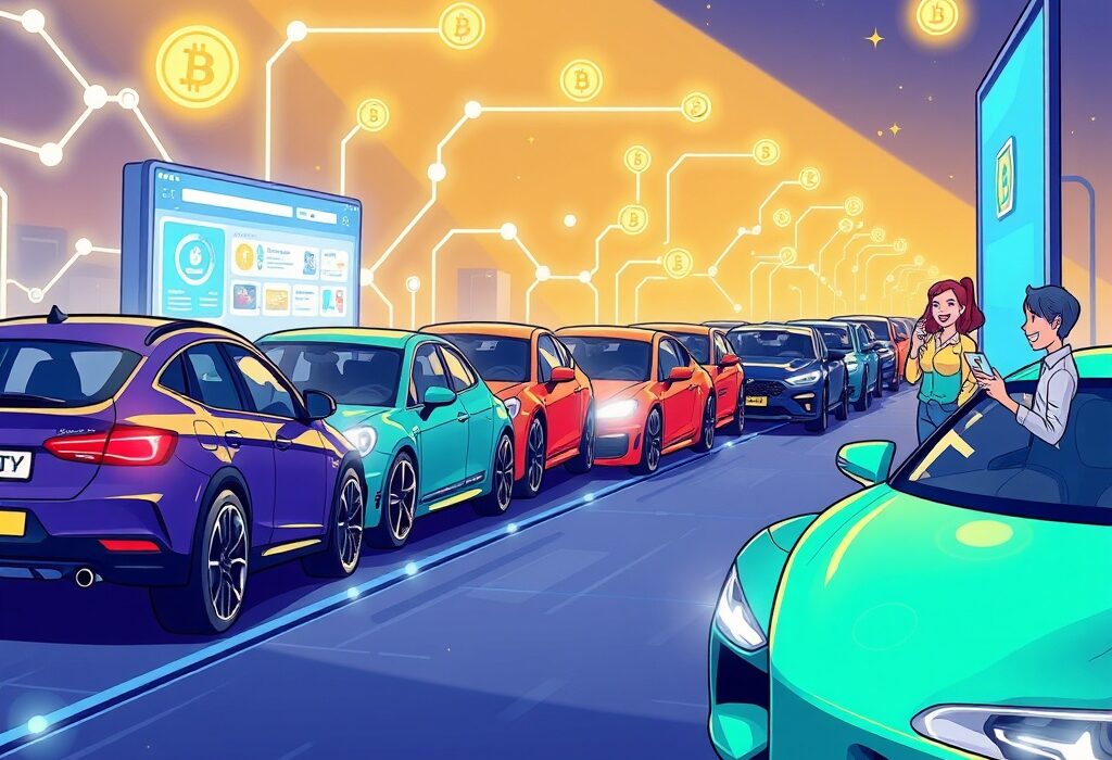 A cartoon illustration showing the efficient future of tokenizing car reservations, where consumers trade vehicle queue positions on a blockchain.