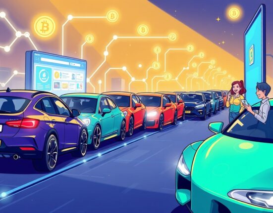 A cartoon illustration showing the efficient future of tokenizing car reservations, where consumers trade vehicle queue positions on a blockchain.